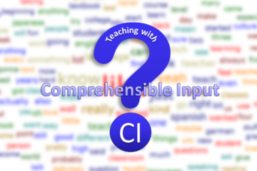 Teaching with Comprehensible Input? against the background of a blurry wordcloud.
